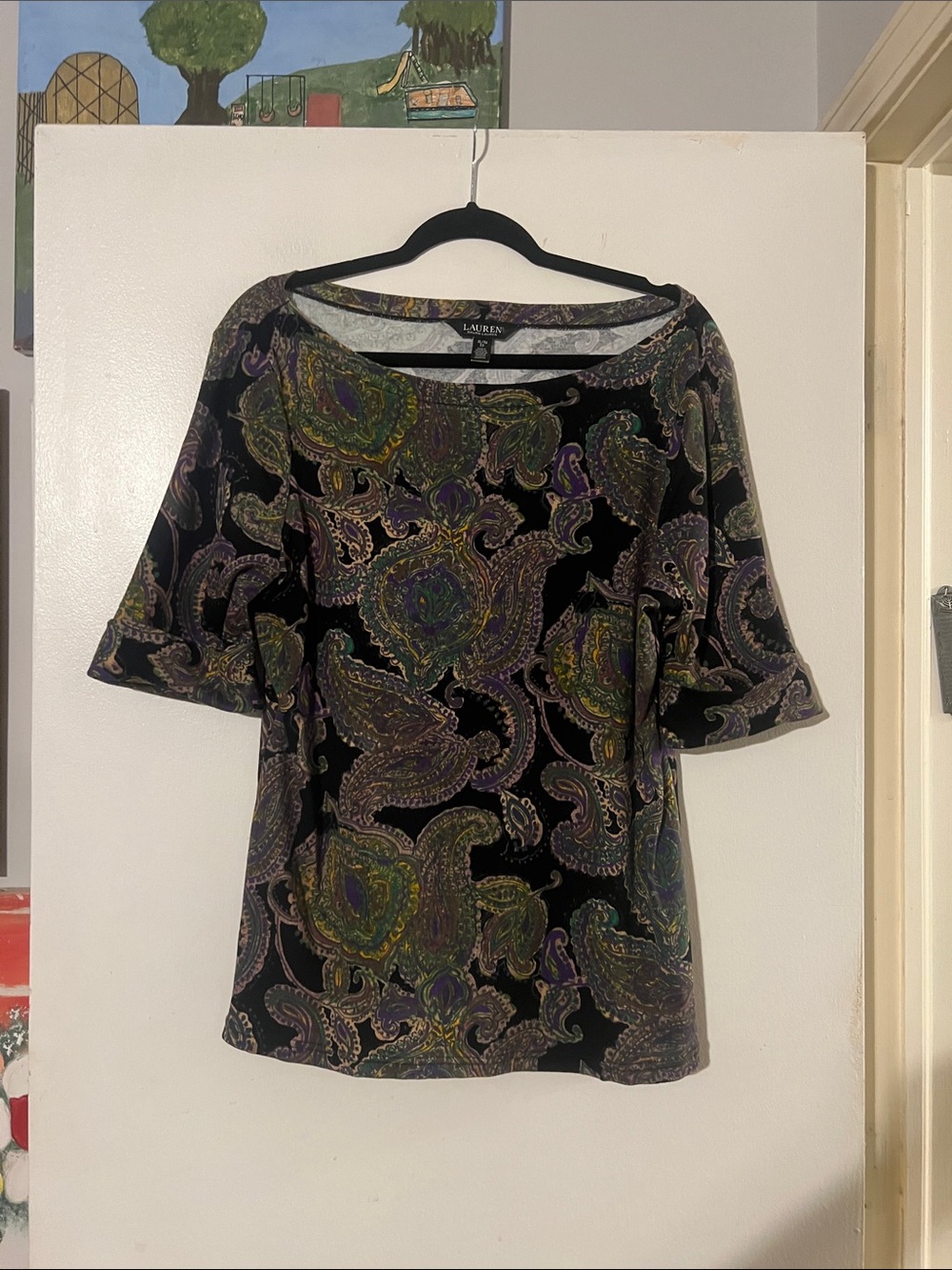 Ralph Lauren black w/paisley boat neck cuffed sleeve top